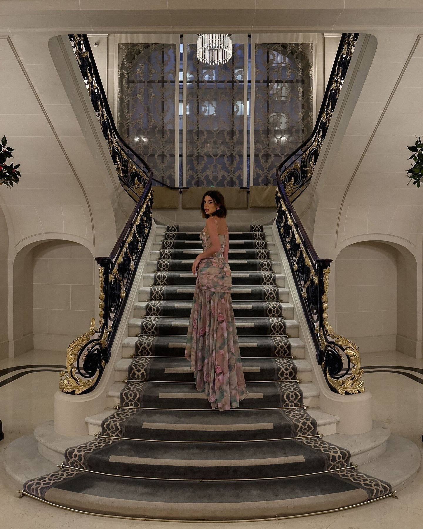 Printed Tulle Lined Long Dress