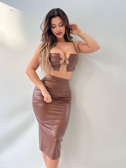 TAN SUIT WITH PU LEATHER CHAIN DETAIL AND SHIRT