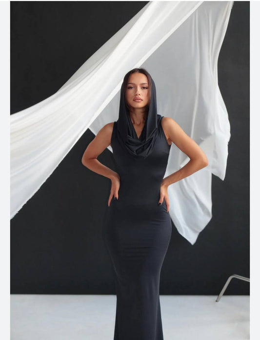 MICRO FABRIC LYCRA LONG HOODED DRESS