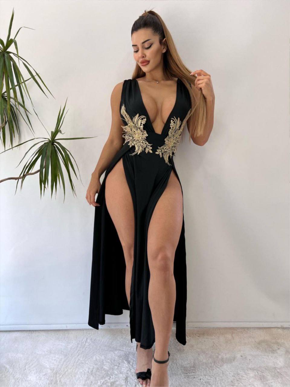 MICRO FABRIC DRESS WITH APPLIQUE ACCESSORY